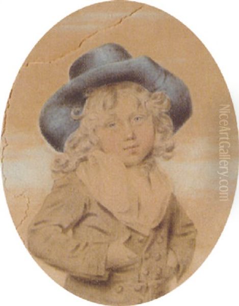 Samuel, Son Of Joseph Corsbie, As A Child Wearing A Large Blue Hat, His Hands Tucked Inside His Grey Jacket Oil Painting by John Downman