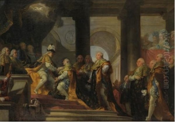 Louis Xvi Recoit A Reims, Apres Son Sacre, Les Hommages Des Chevaliers Du Saint Esprit, En Tant Que Grand Maitre De L'ordre Oil Painting by Gabriel Francois Doyen