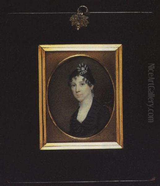 Mrs. Bray Of Boston Wearing Decollete Black Dress, With White Lace Collar And A Bow At Her Corsage, Drop Earring And Jewelled Comb In Her Hair Oil Painting by William M.S. Doyle