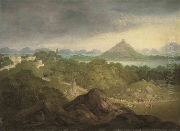 Pushkar, India, With A Parade Of Figures, Elephants And Horses In The Foreground Oil Painting by Charles (Sir) D'Oyly