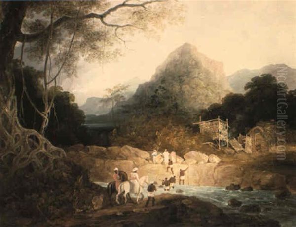 Mounted Horsemen And Bearers Crossing A Stream, India Oil Painting by Charles (Sir) D'Oyly