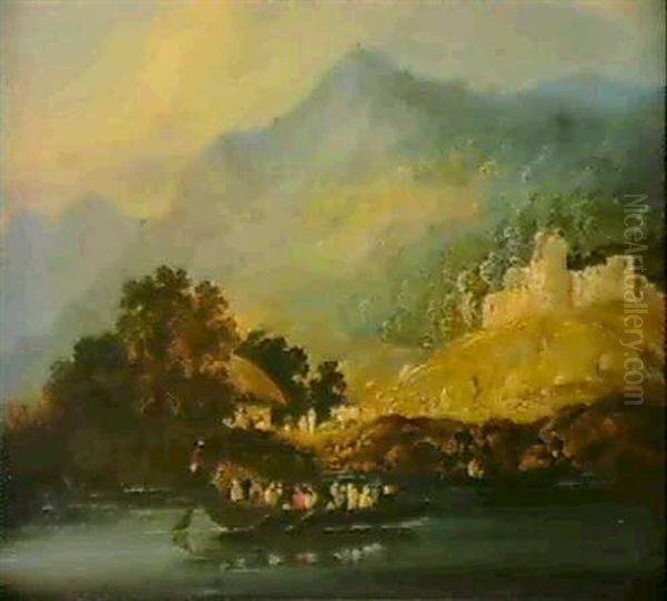 Hilly Landscape With Figures In A Boat On The River Ganges Oil Painting by Charles (Sir) D'Oyly