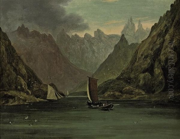 Sailing Vessels In Fjords With The Wind Tunnelling Through The Mountains (+ Another; Pair) Oil Painting by Charles Walters (Maj. Gen. Sir) D'Oyly