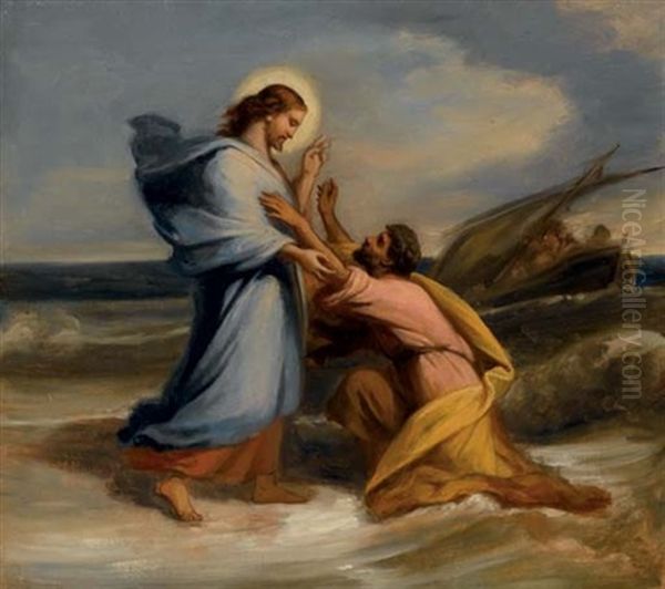 Le Christ Avec Saint Pierre Et Les Disciples Sur La Mer De Galilee Oil Painting by Jean-Marie-Melchior Doze