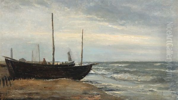 Fishing Boats On The Beach At Skagen, In The Background 