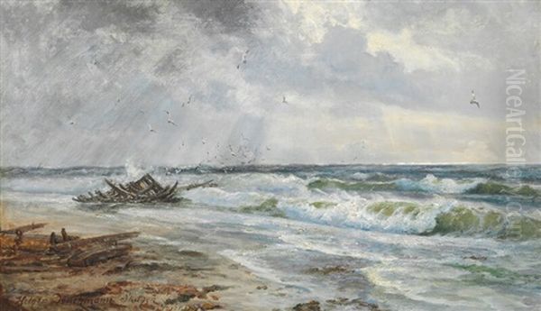 Shipwreck On The Beach At Skagen Oil Painting by Holger Henrik Herholdt Drachmann