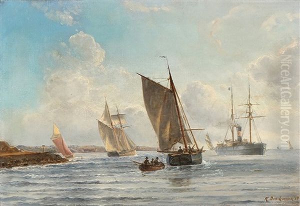 Sailboats Near The Shore Oil Painting by Holger Henrik Herholdt Drachmann