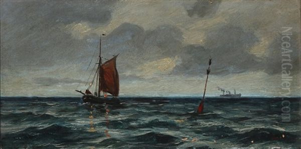 Clouds Over A Steamer And A Sailboat With Red Sails Oil Painting by Holger Henrik Herholdt Drachmann