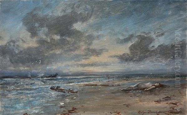 Stormy Weather By The Sea With A Mermaid Washed Ashore Oil Painting by Holger Henrik Herholdt Drachmann