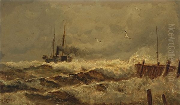 Seascape With Steam Boat In Rough Seas Oil Painting by Holger Henrik Herholdt Drachmann