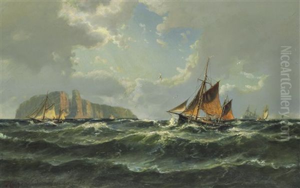 Seascape With Sailing Ships Off The Coast Of Helgoland Oil Painting by Holger Henrik Herholdt Drachmann