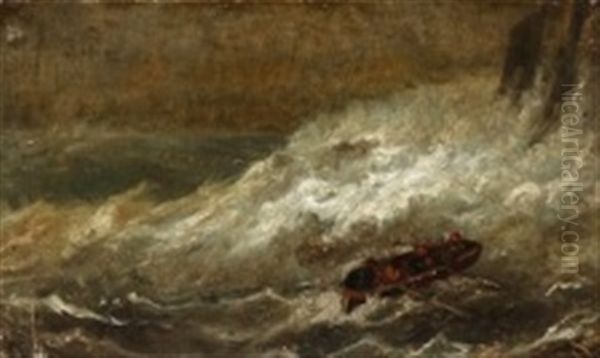 A Rowing Boat In Rough Seas Off A Rocky Coast Oil Painting by Holger Henrik Herholdt Drachmann