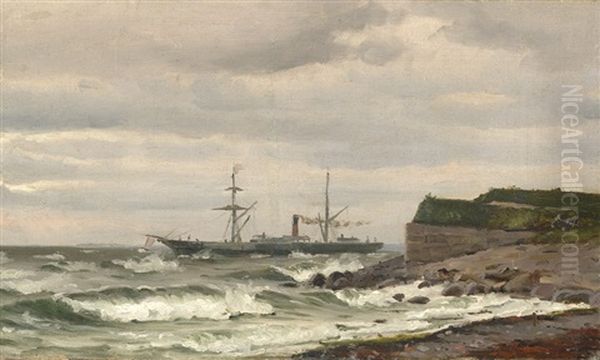 Dampfschiff Und Segelschiff Vor Kuste Bei Sturm Oil Painting by Holger Henrik Herholdt Drachmann