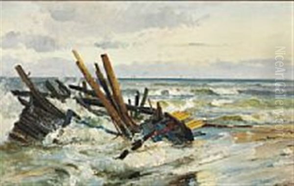 Shipwreck On The Beach At Skagen Oil Painting by Holger Henrik Herholdt Drachmann