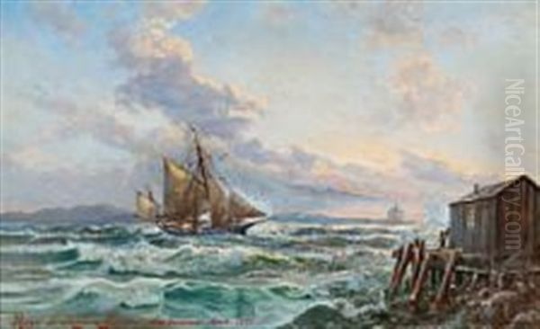 Seascape With A Sailing Ship Off Halifax, Canada Oil Painting by Holger Henrik Herholdt Drachmann