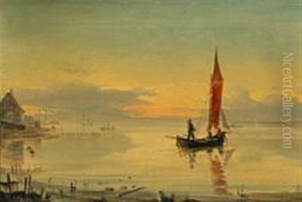 A Fishing Boat At Sea An Early Morning Oil Painting by Holger Henrik Herholdt Drachmann