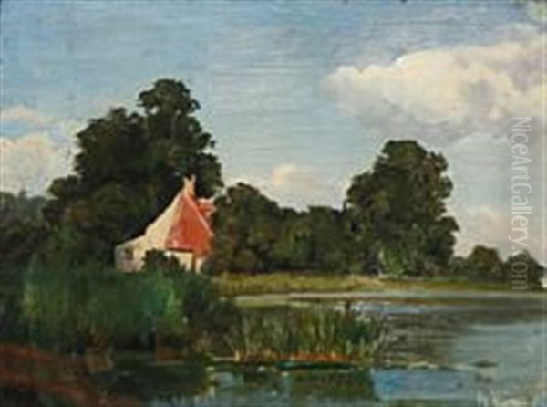 A Fisherman's Cottage At A Lake Oil Painting by Holger Henrik Herholdt Drachmann