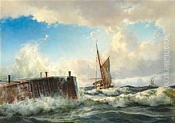 A Sailing Boat Is Passing The Harbour Pier In Rough Sea Oil Painting by Holger Henrik Herholdt Drachmann