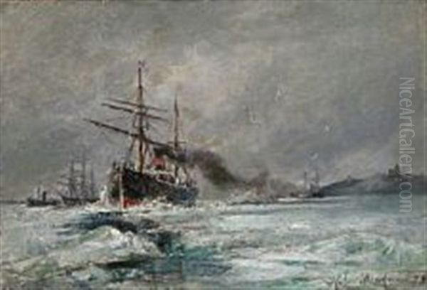 Seascape With Sailing Ships On Icy Sea Oil Painting by Holger Henrik Herholdt Drachmann