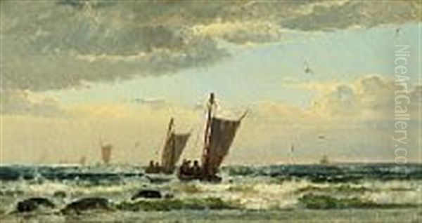 Fiskerne Gaar Ud Ved Skagen Strand I September Oil Painting by Holger Henrik Herholdt Drachmann