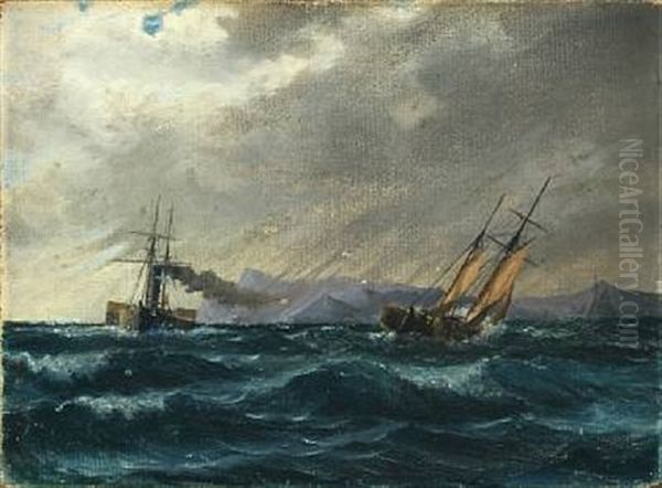 Vessels In Stormy Weather Along Rocky Coast Oil Painting by Holger Henrik Herholdt Drachmann