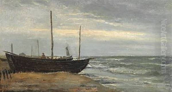 Fishing Boats On The Beach At Skagen, In The Background Det Gra Fyr (the Grey Lighthouse) Oil Painting by Holger Henrik Herholdt Drachmann