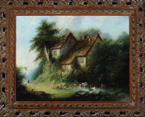 A Country Cottage With A Duck Pond In The Foreground Oil Painting by George Armfield