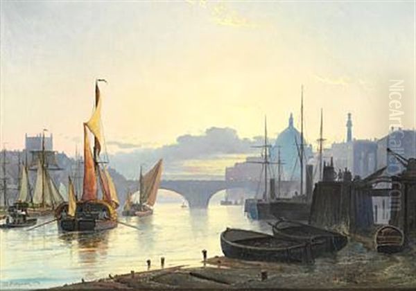 Ships On River Thames, In The Background St. Paul's Cathedral, London Oil Painting by Holger Henrik Herholdt Drachmann