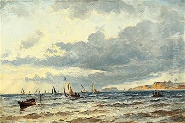 Seascape With Fishing Skiffs In Unsettled Weather Oil Painting by Holger Henrik Herholdt Drachmann