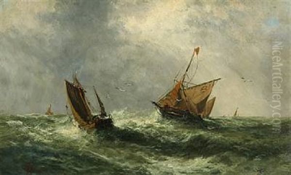 Seascape With Sailing Ships In Rough Sea Oil Painting by Holger Henrik Herholdt Drachmann