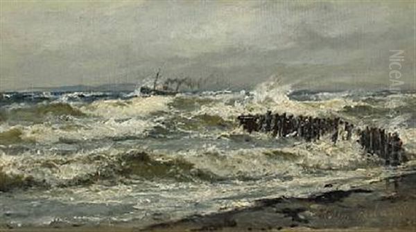 Costal Scenery With Steamer by Holger Henrik Herholdt Drachmann