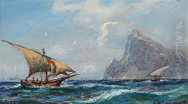 Sailing Ships Out Shore A Rocky Coastline, Capri Oil Painting by Holger Henrik Herholdt Drachmann