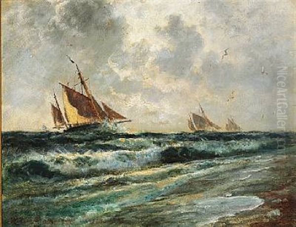 Seascape With Sailing Ships Off The Coast Of Skagen, Harsh Weather Oil Painting by Holger Henrik Herholdt Drachmann