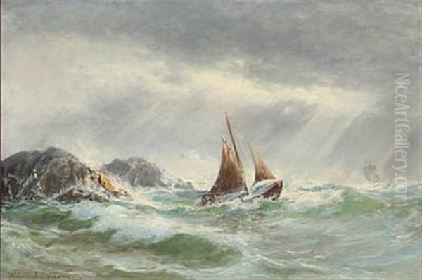 Coastal Scene With Sailing Ships In High Waves by Holger Henrik Herholdt Drachmann