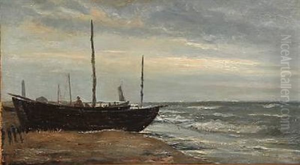 Coastal Scene With A Fishing Boat, Skagen Oil Painting by Holger Henrik Herholdt Drachmann