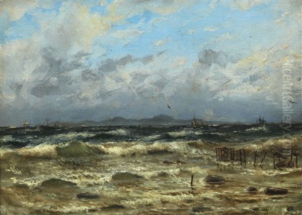 Coastal Scenery With Ships At Sea In Fresh Weather Oil Painting by Holger Henrik Herholdt Drachmann