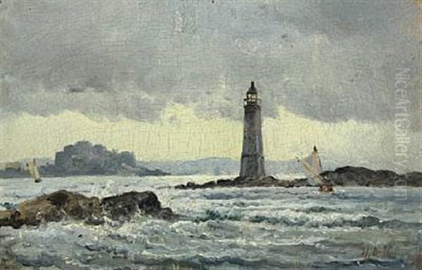 Sailing Ships By A Lighthouse, In The Background A Castle Oil Painting by Holger Henrik Herholdt Drachmann