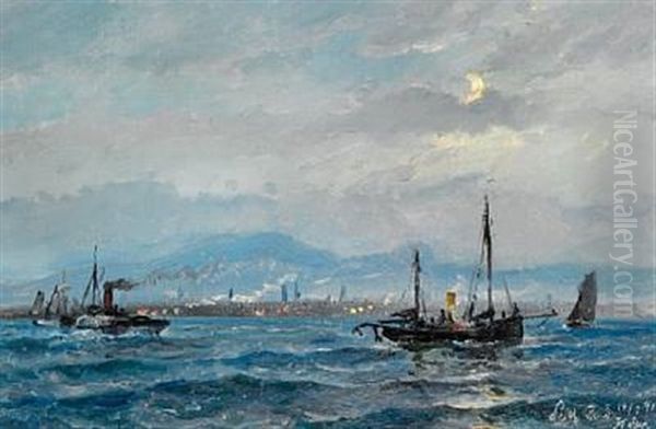 A Paddle Steamer And Sailing Ships Off The Coast Of Leith Near Edinburgh Oil Painting by Holger Henrik Herholdt Drachmann