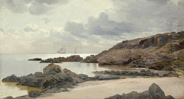 Ansicht Der Felskuste Von Bornholm, Im Hintergrund Segelschiffe Oil Painting by Holger Henrik Herholdt Drachmann