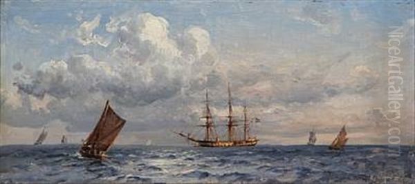 Fregatten Sjaelland. Set Fra Skraenten Ved Folehave Skov En Sommer Eftermiddag 1881 Oil Painting by Holger Henrik Herholdt Drachmann