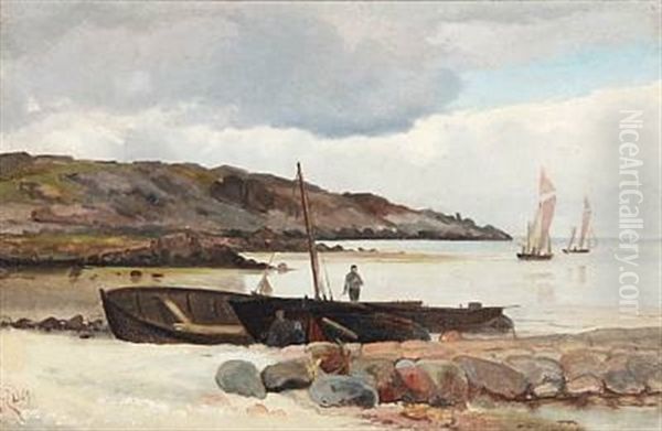 Coastal Scene With Sailing Boats And Fishermen Oil Painting by Holger Henrik Herholdt Drachmann