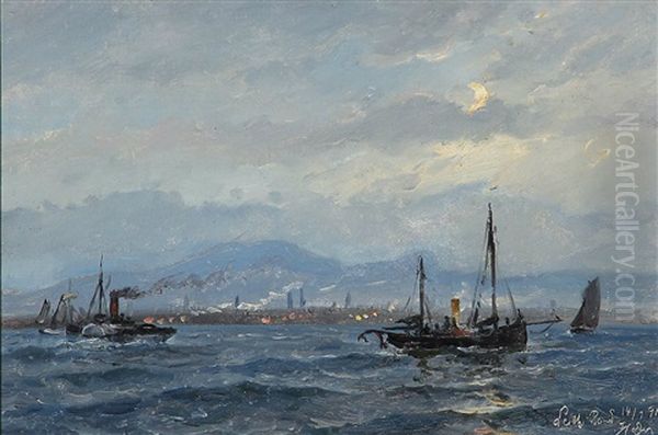 A Paddle Steamer And Sailing Ships Off The Coast Of Leith Near Edinburgh Oil Painting by Holger Henrik Herholdt Drachmann