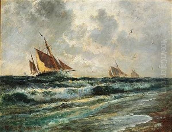 Seascape With Sailing Ships Off The Coast Of Skagen, Harsh Weather Oil Painting by Holger Henrik Herholdt Drachmann