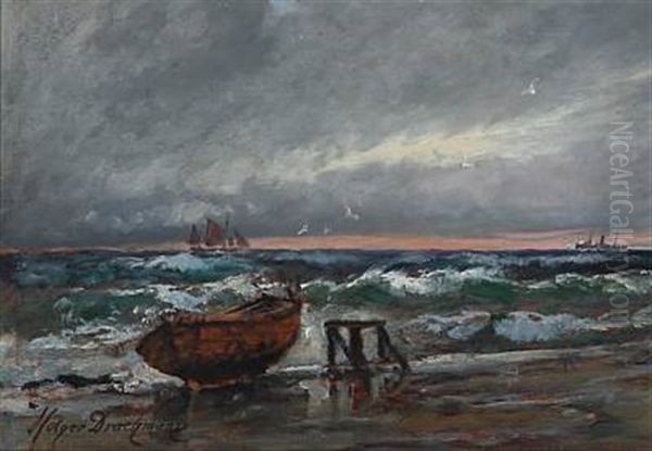 Costal Scene With A Rowboat On The Beach (study) Oil Painting by Holger Henrik Herholdt Drachmann