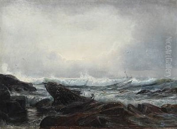 Coastal Scene With Schooner Capsizing In The Stormy Sea Oil Painting by Holger Henrik Herholdt Drachmann