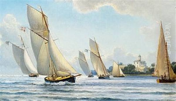 Sailing Racers Find Shelter In The Bay At Hvidore Against Bad Weather Arriving Oil Painting by Holger Henrik Herholdt Drachmann