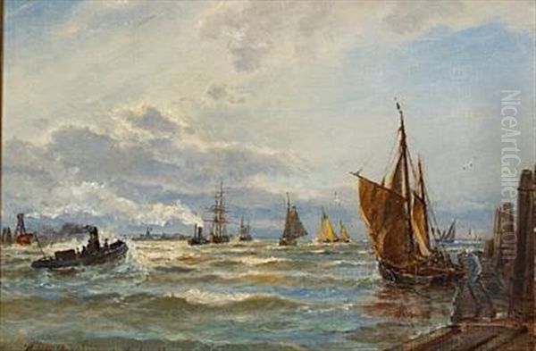 Numerous Ships On The Alster River Near Hamburg Oil Painting by Holger Henrik Herholdt Drachmann