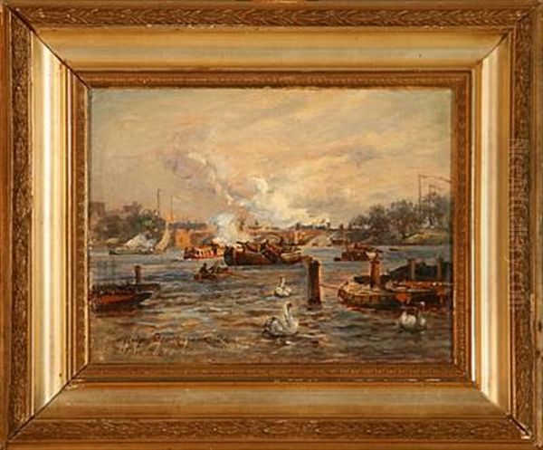 View Of Hamburg Harbour Oil Painting by Holger Henrik Herholdt Drachmann