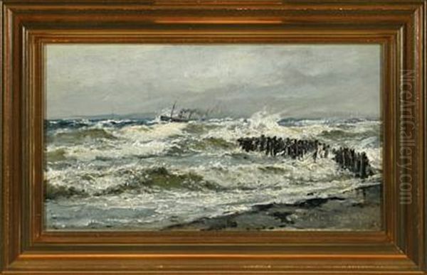 Coastal Scenery With Steamer Oil Painting by Holger Henrik Herholdt Drachmann