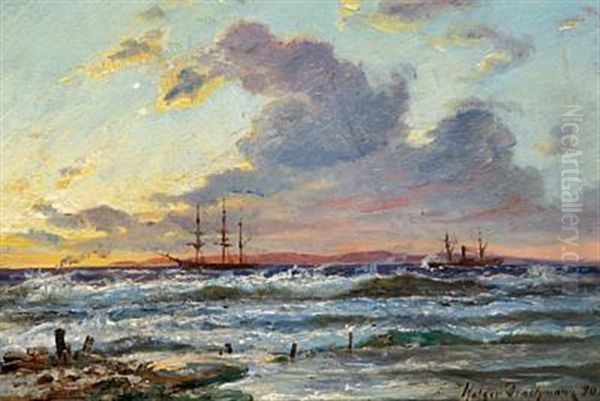 Sailing Ship And Steamers Off The Coast At Sunset Oil Painting by Holger Henrik Herholdt Drachmann